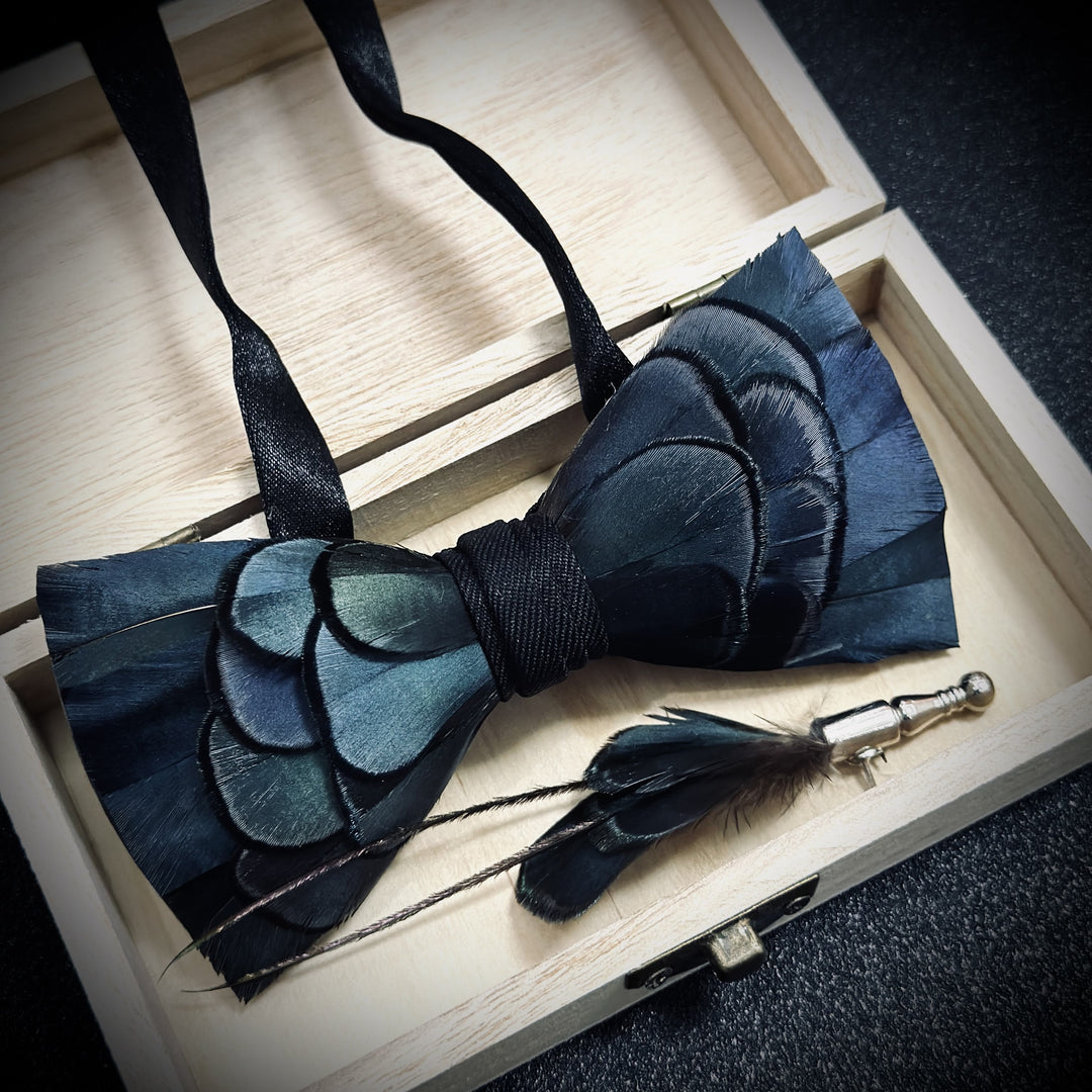 Slate Blue Feather Bow Tie with Lapel Pin - image 3