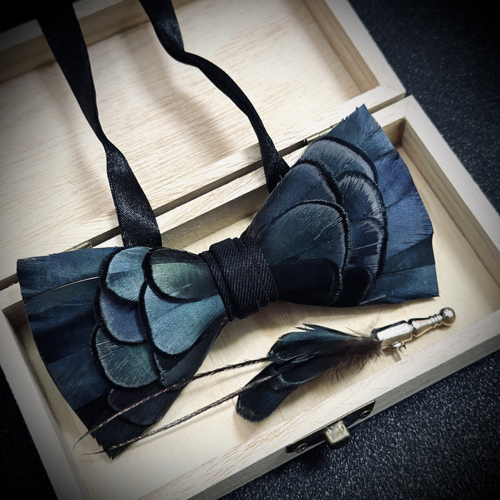 Slate Blue Feather Bow Tie with Lapel Pin - image 3