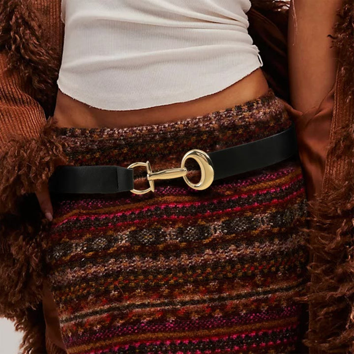 Women's Horseshoe Buckle Belt Simple Leather Belt - Black/ Gold - Large: Length: 26.57"/ 67.5CM(Elastic/ can stretch) - image 0