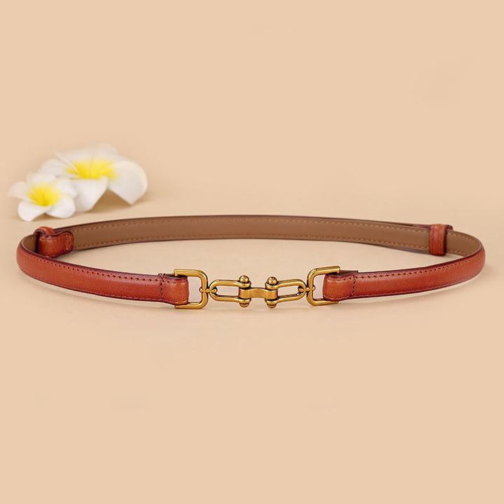 Women's Skinny Horseshoe Buckle Belt Snaffle Bit Leather Belt