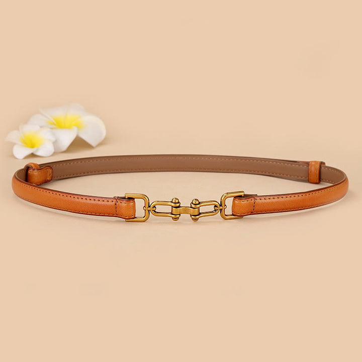 Women's Skinny Horseshoe Buckle Belt Snaffle Bit Leather Belt - Chocolate - 30 - image 0