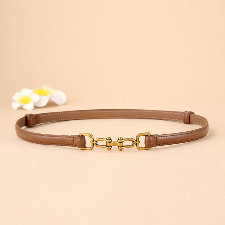 Women's Skinny Horseshoe Buckle Belt Snaffle Bit Leather Belt - SaddleBrown - 30 - image 11