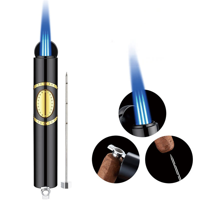 3 In 1 Triple Burner Lighter With Built-In Cigar Punch And Cigar Needle