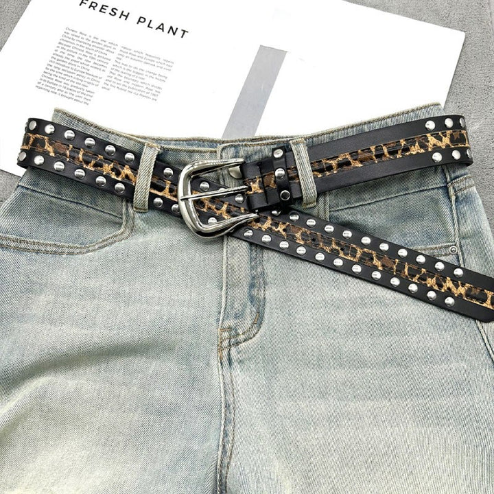 Women's Leopard Print Belt With Rivet Leather Belt - image 1