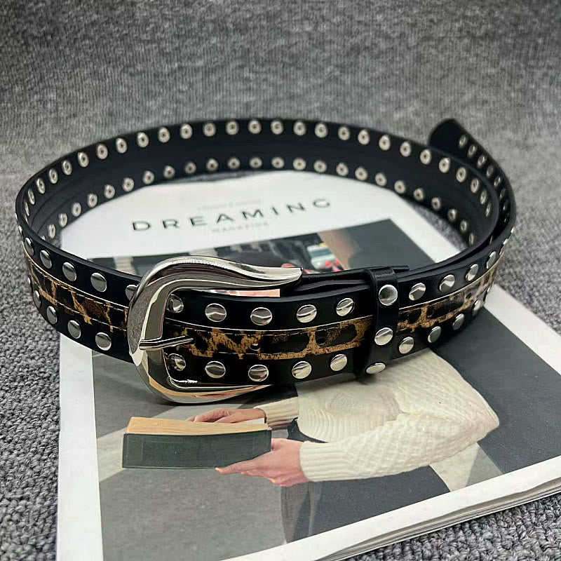 Women's Leopard Print Belt With Rivet Leather Belt - image 5