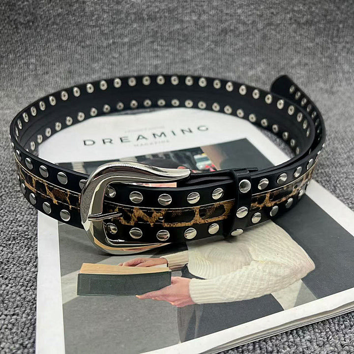 Women's Leopard Print Belt With Rivet Leather Belt - image 5