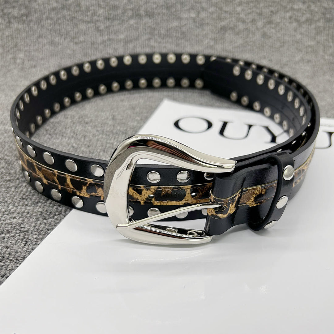 Women's Leopard Print Belt With Rivet Leather Belt - Black - 34 - image 0