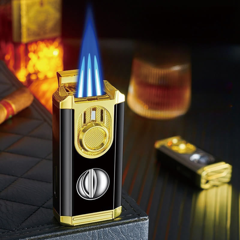 3 In 1 Triple Burner Lighter With Built-In Cigar Cutter - Gold - image 0