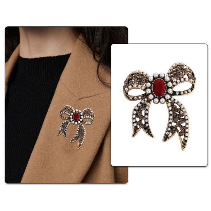 Women's Large Red Crystal Pearl Bow Knot Brooch