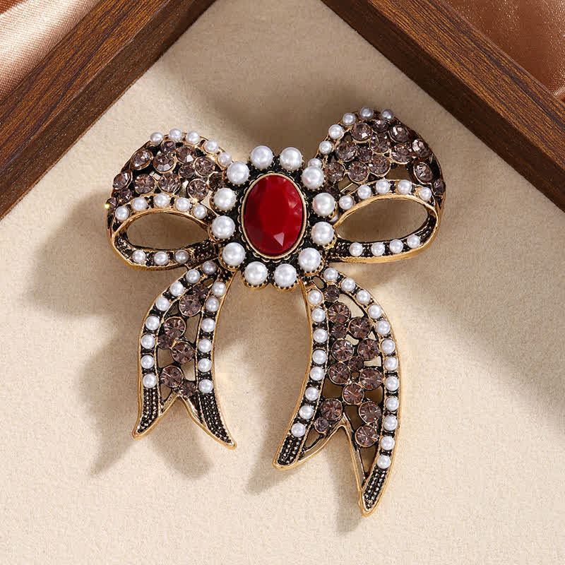 Women's Large Red Crystal Pearl Bow Knot Brooch - Antique Gold - image 0