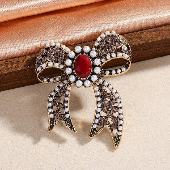 Women's Large Red Crystal Pearl Bow Knot Brooch - image 2