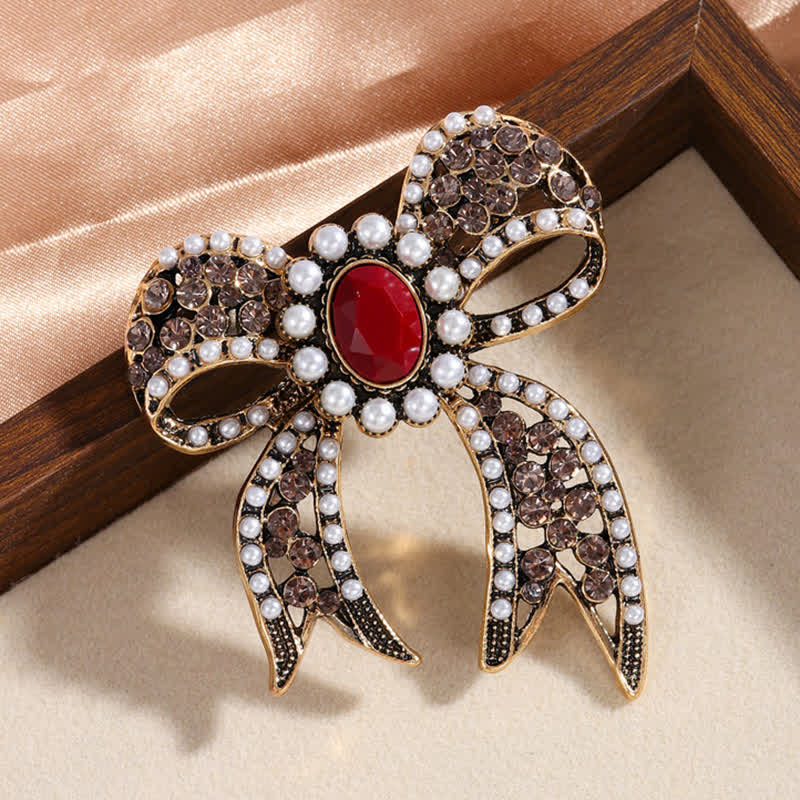 Women's Large Red Crystal Pearl Bow Knot Brooch - image 4