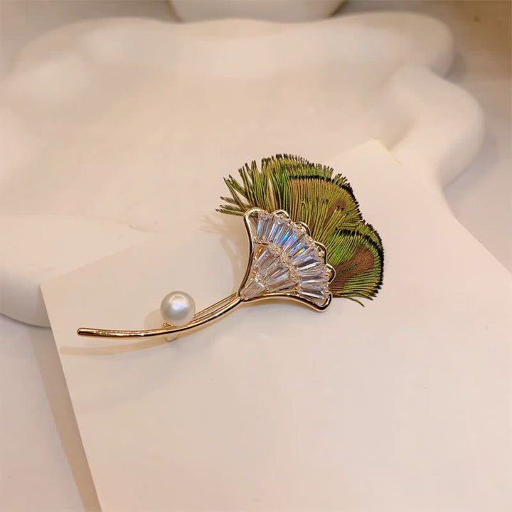 Women's Green Peacock Feather Gingko Leaf Shape Brooch - image 2