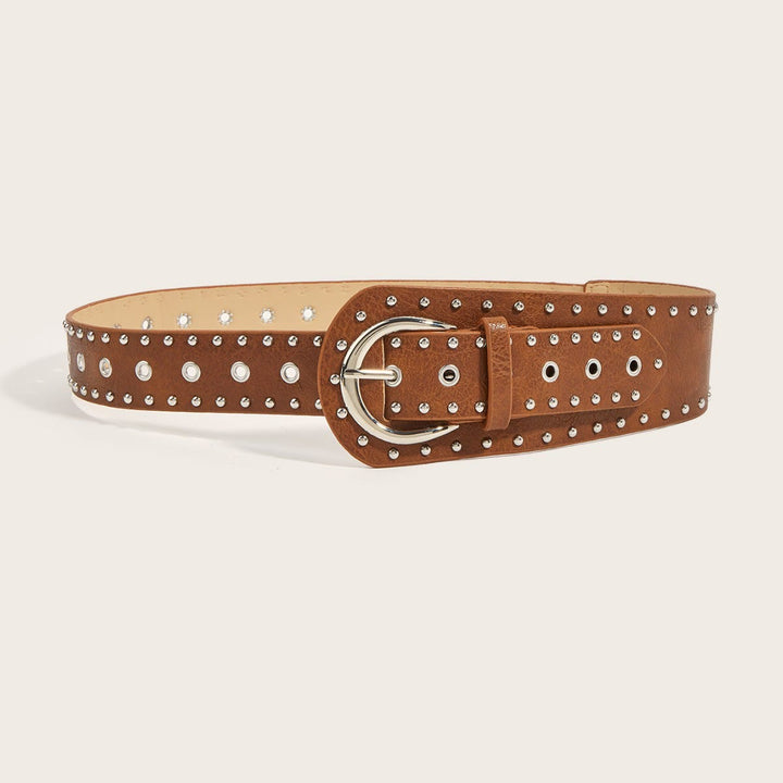 Punk Style Studded Belt Rivet Wide Leather Belt - Brown - 32 - image 2