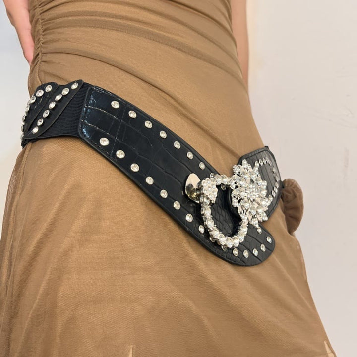 Rhinestone Splicing Wide Waist Belt Balck Corset Belt