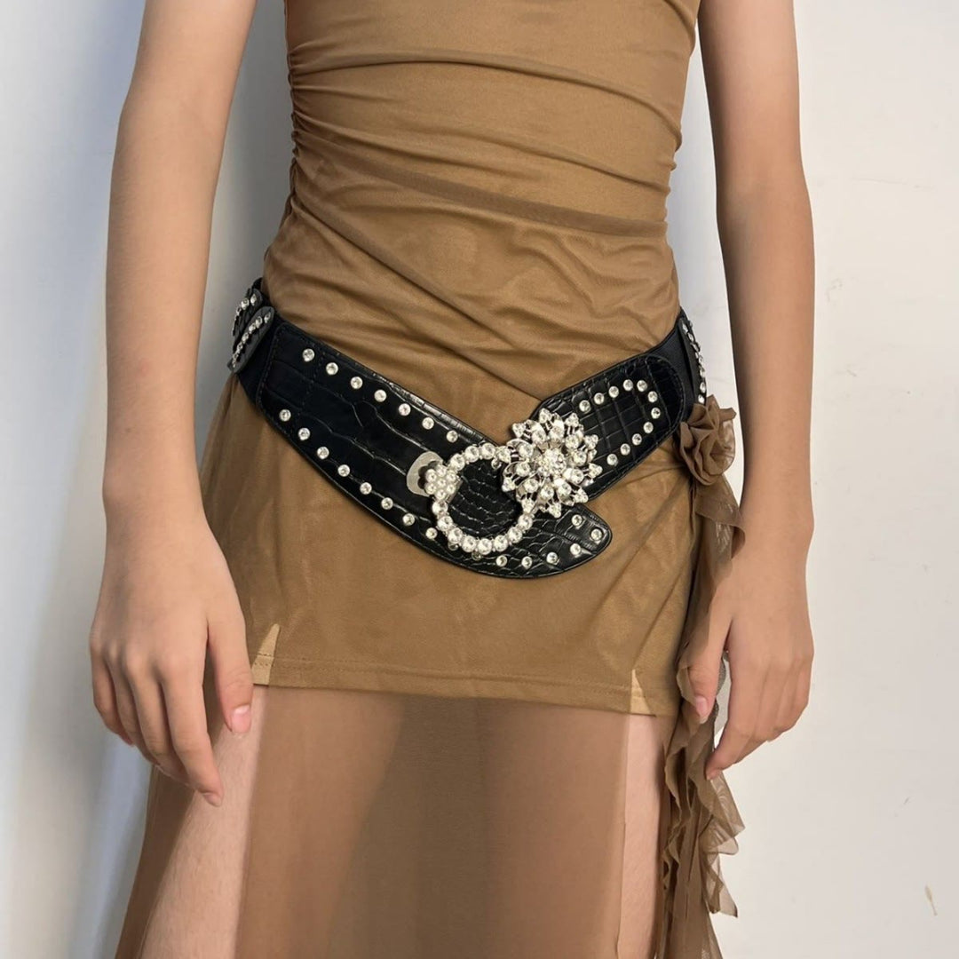 Rhinestone Splicing Wide Waist Belt Balck Corset Belt - image 3