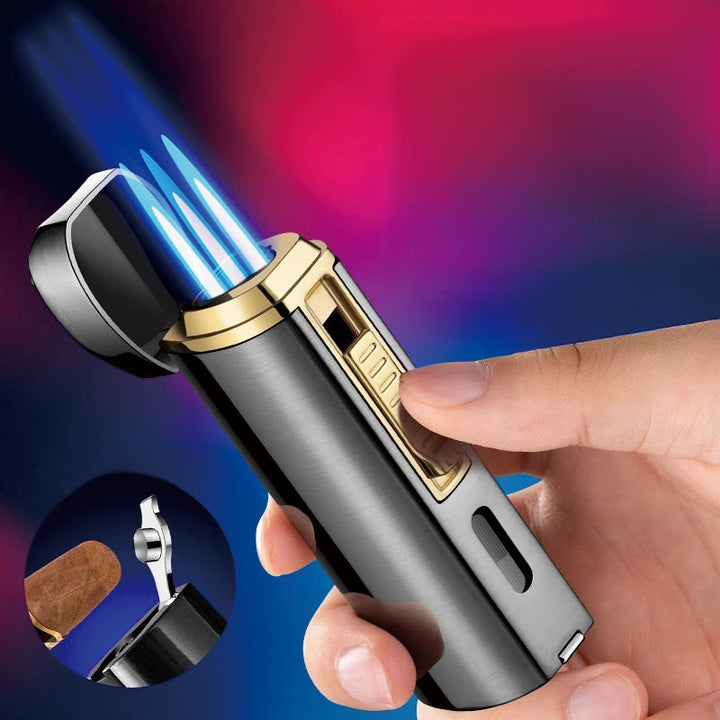 Windproof Triple Burner Lighter With Folding Cigar Cutter
