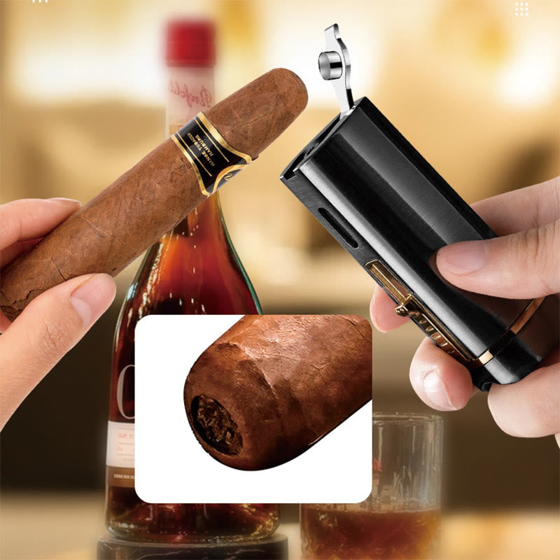 Windproof Triple Burner Lighter With Folding Cigar Cutter