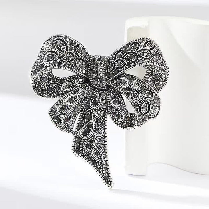 Women's Antique Silver Bow Knot Shape Rhinestones Brooch - Anique Silver - image 0