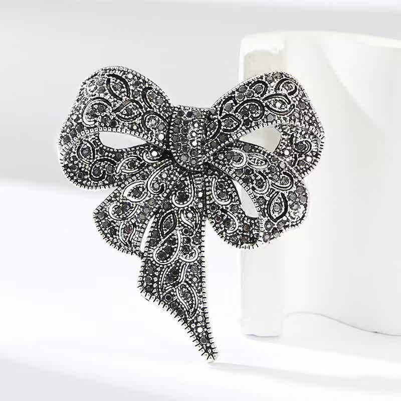 Women's Antique Silver Bow Knot Shape Rhinestones Brooch - Anique Silver - image 0