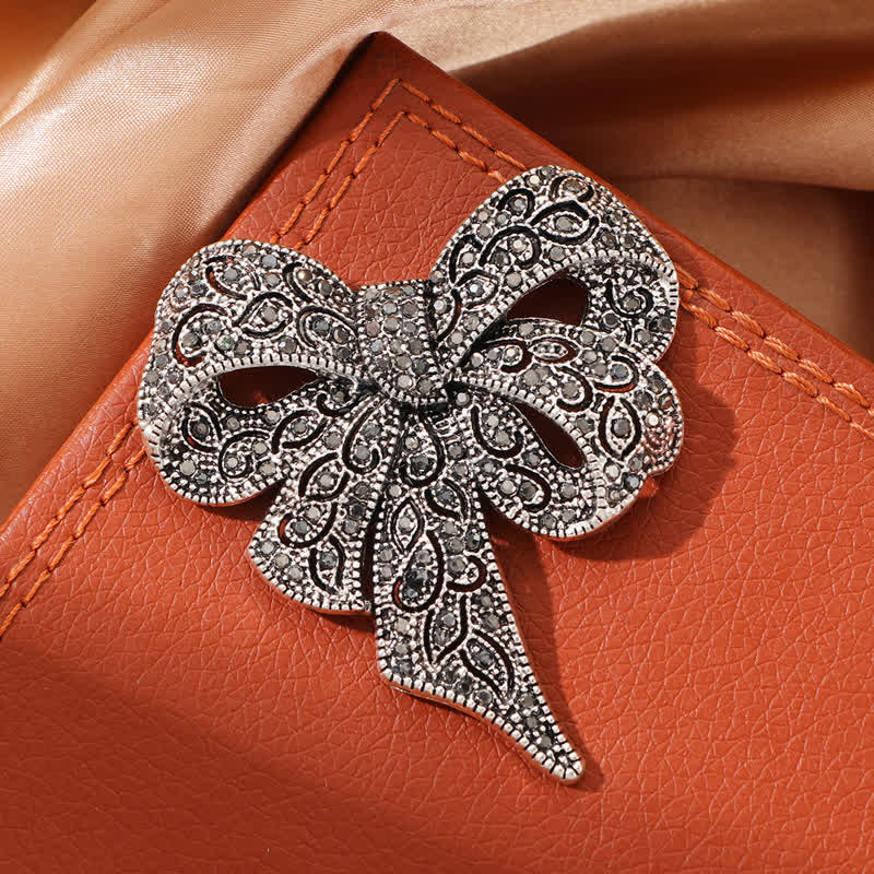 Women's Antique Silver Bow Knot Shape Rhinestones Brooch - image 3