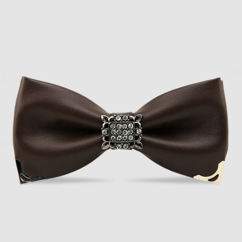 Men's Crystal Rhinestone Leather Bow Tie - Coffee - image 4