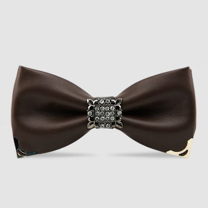 Men's Crystal Rhinestone Leather Bow Tie - Coffee - image 4