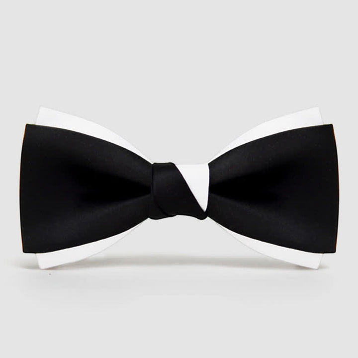 Men's Black White Two Tone Double Layered Bow Tie - Black - image 4