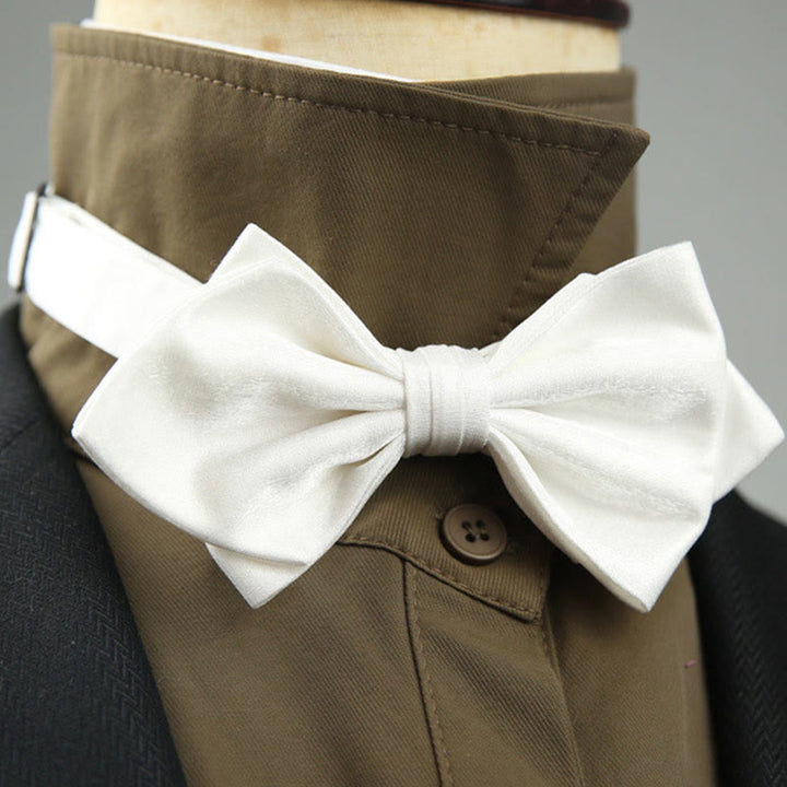 Suede Satin Pre-tied Adjustable Strap Pointed Bow Tie - White - image 15