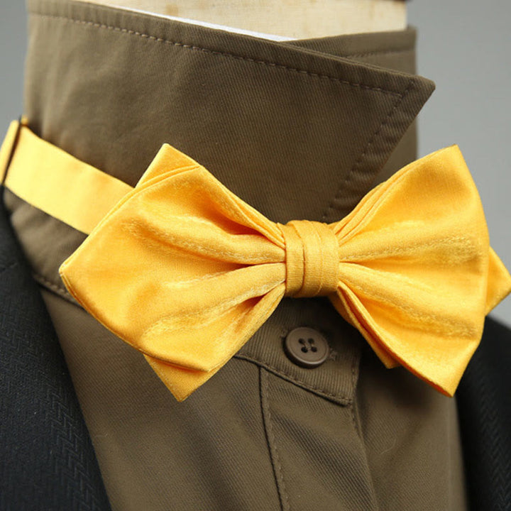 Suede Satin Pre-tied Adjustable Strap Pointed Bow Tie - Yellow - image 10