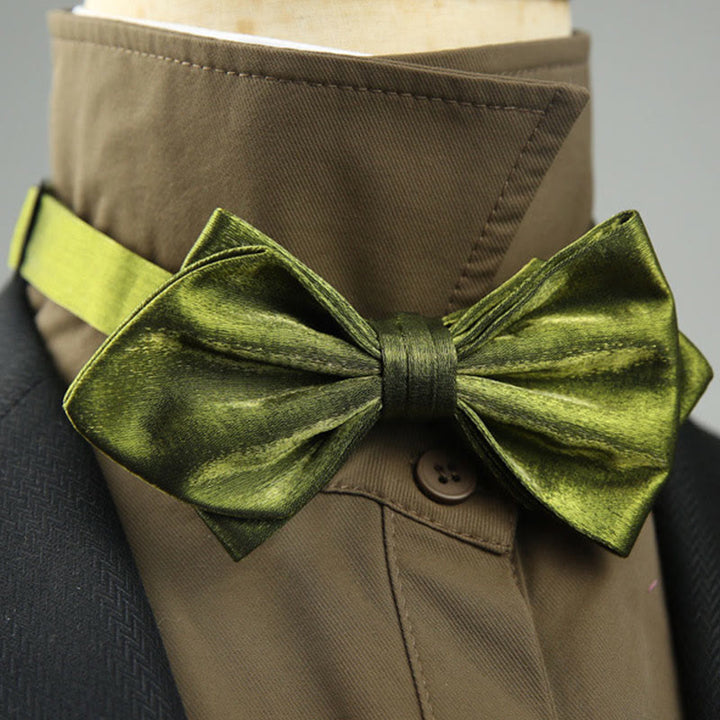 Suede Satin Pre-tied Adjustable Strap Pointed Bow Tie - Green - image 12