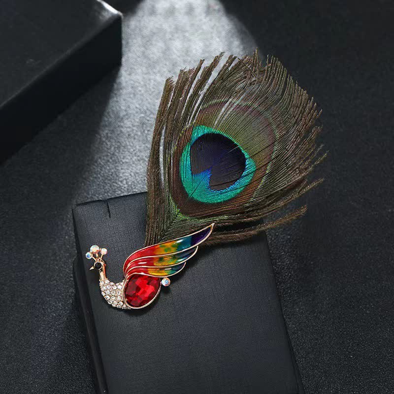 Women's Ethnic Crystal Peacock Eye Feather Brooch - Red - image 3