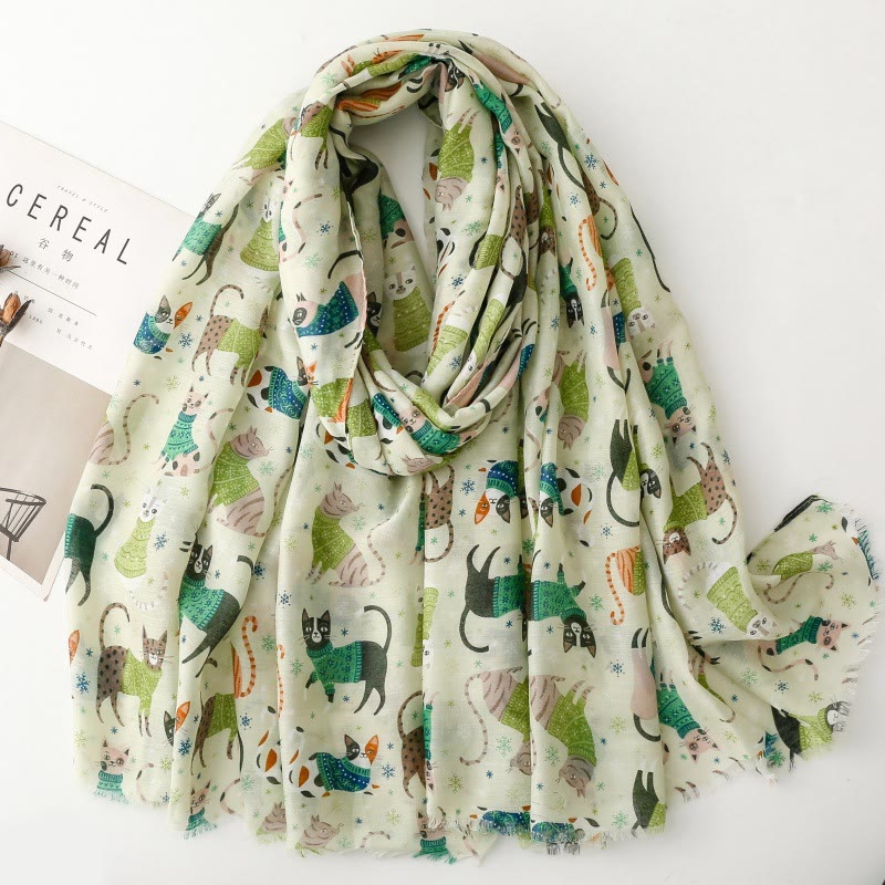 Women's Cat Kitten Printed Lightweight Thin Scarf - Green - image 10