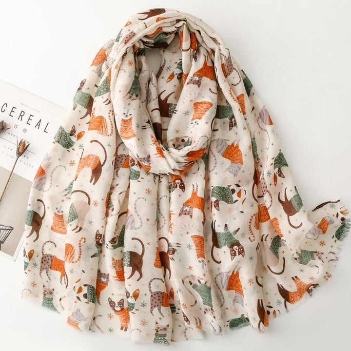 Women's Cat Kitten Printed Lightweight Thin Scarf - Khaki - image 0