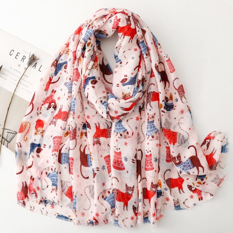 Women's Cat Kitten Printed Lightweight Thin Scarf - Red - image 8