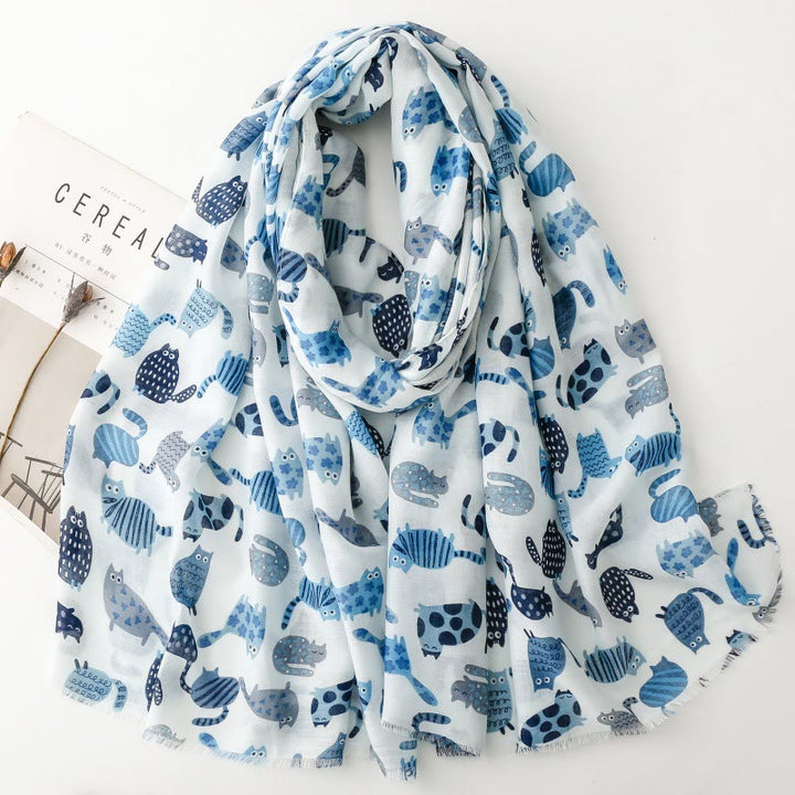 Women's Cute Cat Printed Lightweight Thin Scarf - Blue - image 6
