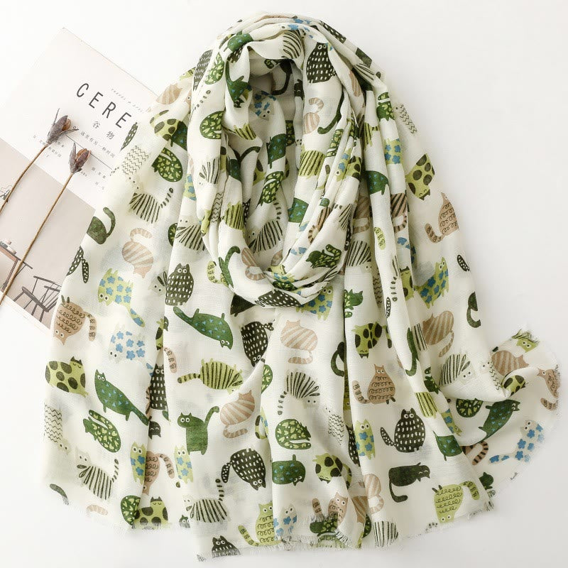 Women's Cute Cat Printed Lightweight Thin Scarf - Green - image 8