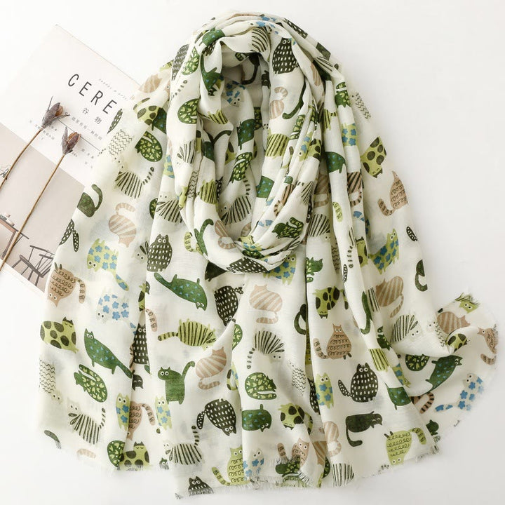 Women's Cute Cat Printed Lightweight Thin Scarf - Green - image 8