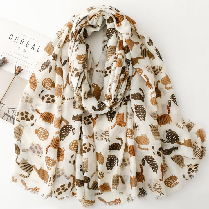 Women's Cute Cat Printed Lightweight Thin Scarf - Khaki - image 5