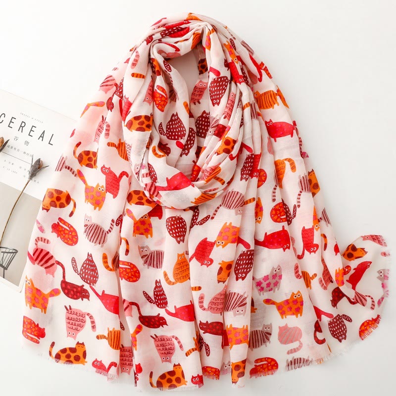 Women's Cute Cat Printed Lightweight Thin Scarf - Red - image 7