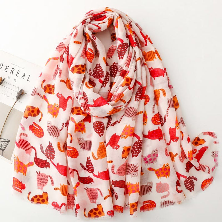 Women's Cute Cat Printed Lightweight Thin Scarf - Red - image 7