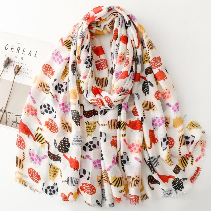 Women's Cute Cat Printed Lightweight Thin Scarf - White - image 0