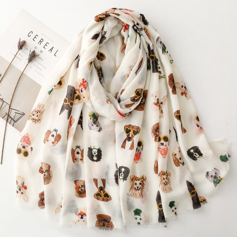 Women's Cute Dog Puppy Printed Lightweight Thin Scarf - White - image 0