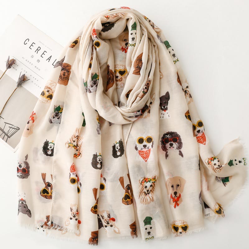 Women's Cute Dog Puppy Printed Lightweight Thin Scarf - Khaki - image 6