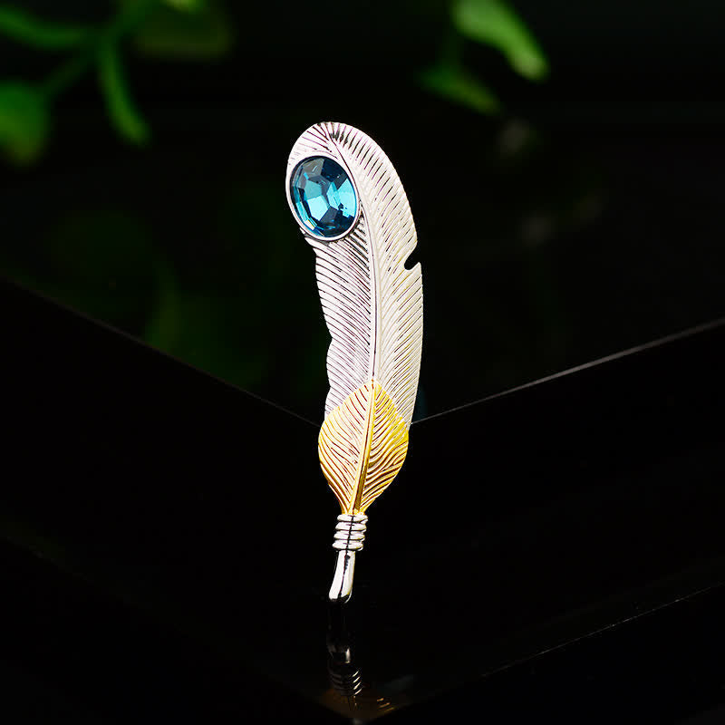 Unisex Faux Blue Crystal Feather Shape Brooch - image 2