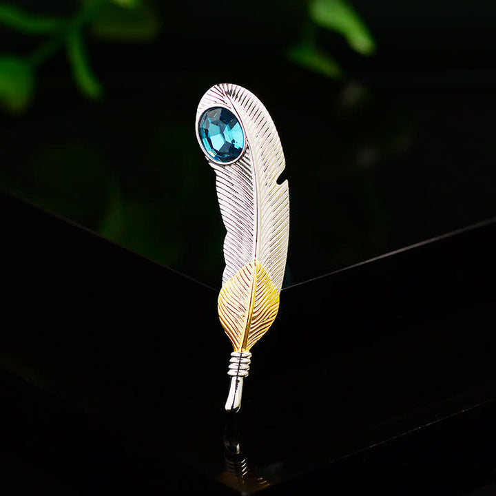 Unisex Faux Blue Crystal Feather Shape Brooch - image 2