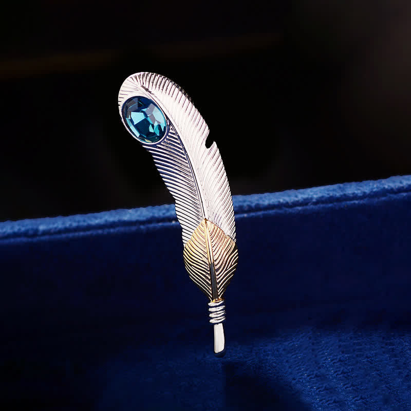 Unisex Faux Blue Crystal Feather Shape Brooch - Silver - image 0