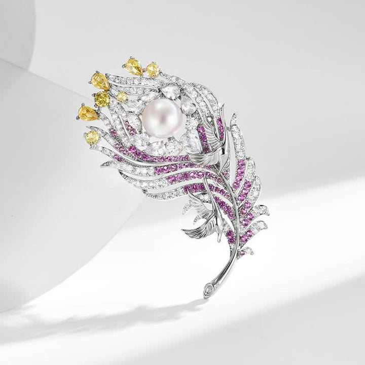 Unisex Pink & Yellow Rhinestone Pearl Feather Shape Brooch - image 4