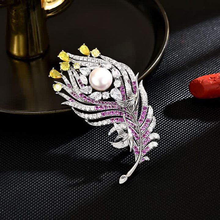 Unisex Pink & Yellow Rhinestone Pearl Feather Shape Brooch - Pink & Yellow - image 0