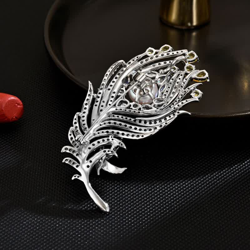 Unisex Pink & Yellow Rhinestone Pearl Feather Shape Brooch - image 3